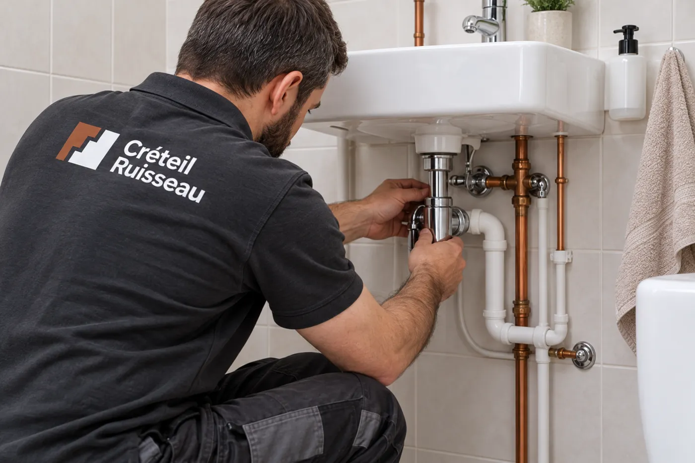 Plombier en polo Créteil Ruisseau resserrant le siphon chromé sous un lavabo suspendu